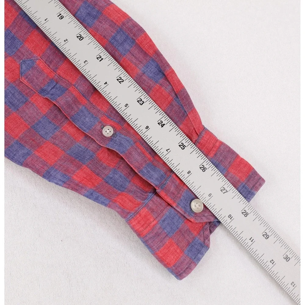 Culturata Shirt Mens XL Red Blue Check Linen Button Up Long Sleeve Made in Italy